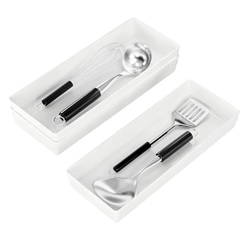 Image of ihomecooker 3 Pack White Large Size Plastic Drawer Organizer Tray Cutlery Utensil Makeups Drawer Organizers 15 inch X 6 inch