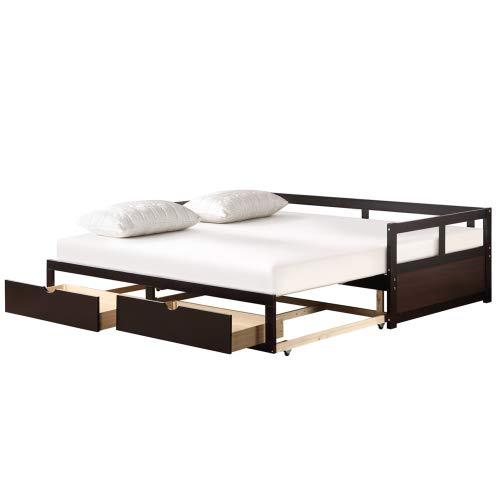 PovKeeverWooden Daybed with Trundle Bed and Two Storage Drawers, Extendable Bed Daybed,Sofa Bed for Bedroom Living Room,Espresso