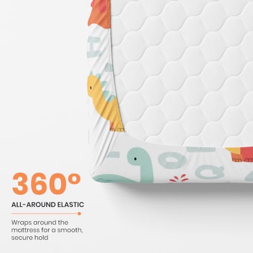 Image of LORETO - A QUALITY LINEN BRAND 144 TC 100% Pure Cotton King Size Fitted Bedsheet with 2 Pillow Covers for 72 x 72 Inch, All-Around Elastic, 8 Inch Deep Pocket, Orange & Mint Alphabet Dino Play