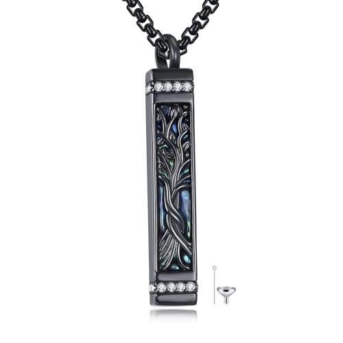 ONEFINITY Urn Necklace for Ashes 925 Sterling Silver Tree of Life Abalone Shell Bar Shape Pendant Necklace Cremation Memorial Keepsake Jewelry Gifts for ashes of loved one for Women Men