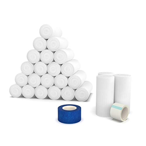 Elastic Stretch Gauze Rolls (24-Pack) 4in x 8 Yards [ 2X Longer ] + Free Bonus Items: Include Medical Tape Roll and Cohesive Tape Roll