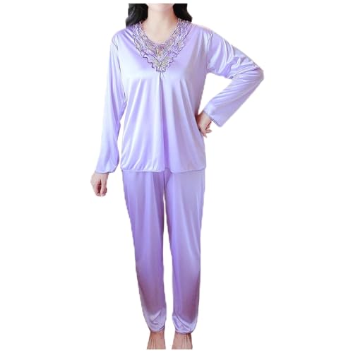 Ofertas Flash Del Dia 2025 Pijama Mujer Verano,Conjuntos Mujer Verano Dos Piezas Conjuntos Pijamas de Seda de Hielo Camiseta Manga Larga con Encaje y Pantalones Largo Suave y Cómodo Ropa de Dormir