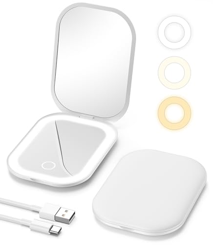 Gospire Led Taschenspiegel mit Vergrößerung, 3 Fach Vergrößerung Wiederaufladbarer Klappbar Reisespiegel mit Licht, 3 Lichtfarben & Einstellbare Helligkeit, Weiß