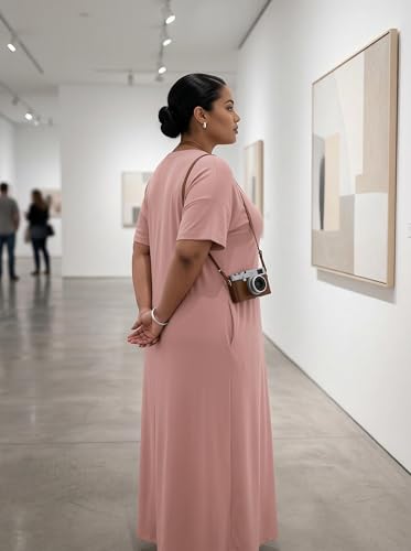 Image of SUZONANA Women Casual T-Shirt Dress V Neck Short Sleeve Solid Color Oversize Dress with Front Two Pockets