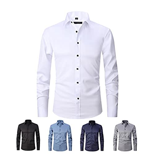 Camisa elástica antiarrugas, camisa de manga larga con botones para hombre, ajuste delgado, casual, para negocios, formal
