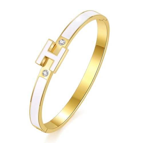 H Bracelet for Women - 18K Gold Plated Titanium Steel Cuff | Cubic Zirconia Bangle Jewelry Gift, Simple & Durable Everyday Wear (S/M/L Size)