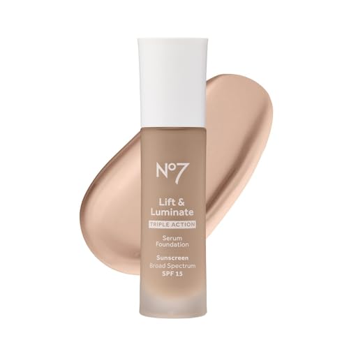 No7 Lift & Luminate Triple Action Serum Foundation - Porcelain - Liquid Foundation Makeup with SPF 15 for Dewy, Glowy Base - Radiant Serum Foundation for Mature Skin (30ml)