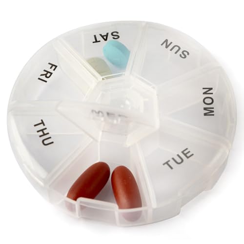 Deke Home - Round Portable Pill Box, Medicine Planner, Small 7 Day Weekly Travel Container, Medication, Vitamin Holder, Pillbox Organizer, Pill Dispenser, Daily Sorter & Reminder, BPA Free