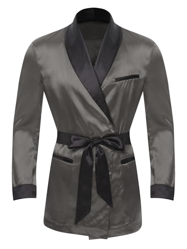 Linjinx Men's Satin Smoking Jacket Robe Lapel Long Sleeve Kimono Bathrobe with Belt Nightwear3