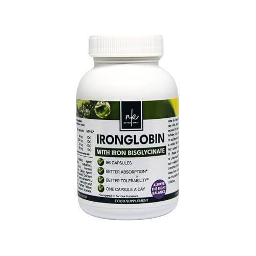 Nutra King Ironglobin 14mg Iron (Ferrous Bysglycinate) Complex Capsules (96 Capsules) - High Strength 14mg Iron Supplement with Multivitamin Complex, Folic Acid, Vitamin C, Vitamin B12