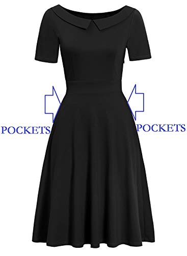 Women's Elegant Vintage Dresses Knee Length Casual Floral Print Work Party Peter Pan Collar A-Line Dress with Pockets 9784