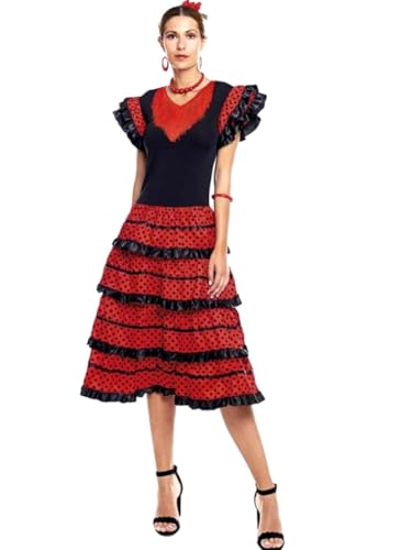 Partilandia Robe de Flamenco Femme Rouge【Tailles Adulte S à XXL】[Taille M] Déguisement Sévillane Costume de Flamenco Volants Feria d'Avril Séville Danse