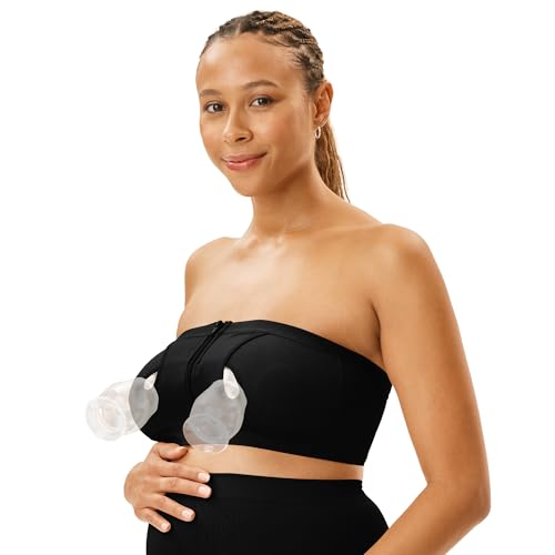 Motherhood Maternity Hands Free Pumping Bra, Soft Adjustable Strapless Nursing Bra with Wireless Support & Front Zipper for Breastfeeding Moms, Bandeau for Easy Pumping & Nursing, Black, XX-Large