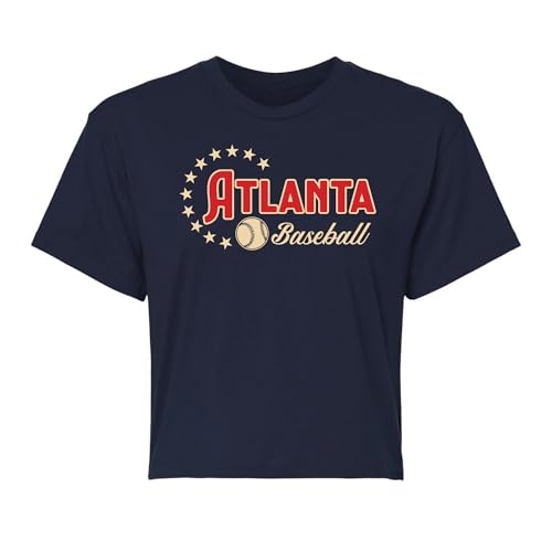 J2 Sport Atlanta Baseball Womens T-Shirt – Ladies Crop Top Short Sleeve Apparel Tee Tshirt Navy