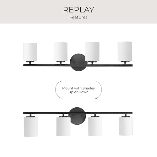 Image of Replay Collection 4-Light Etched Glass Modern Bath Vanity Light Textured Black