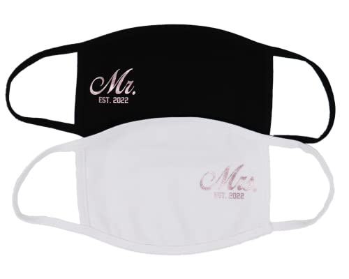 Mr Mrs Face Mask Gift Set Side Print Newlyweds Wedding Party Custom Made in USA Double Layer Breathable Comfy Cotton (22 Rose Gold), Multicolored