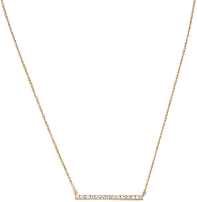 JewelryWeb 14k Gld Plated 925 Sterling Silver 16 Inch + 2 Inch CZ Bar Necklace 16” + 2” CZ CZ is 2mm X 30mm Spring Pendant Necklace for Women