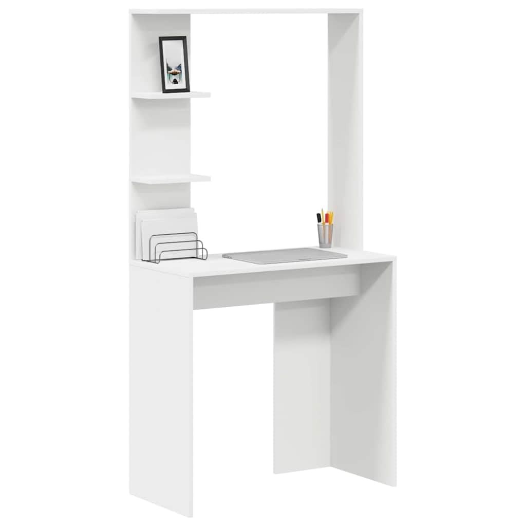 Nowoczesne biurko z regałem, białe, 78,5 x 37 x 154,5 cm, z materiału drewnopochodnego, idealne do domowego biura, gabinetu i małych pomieszczeń, praktyczne miejsce pracy komputerowej