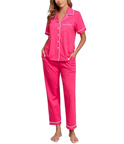 Image of CF Womens 100% Cotton Pajamas Set Button Down Pjs Sets Short Sleeve Top & Long Pants Sleepwear Comfy Loungewear with Pockets