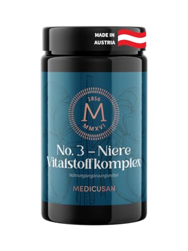 Medicusan No.3 Niere – 1.200mg Goldrute – 1.200mg Zinnkraut – 1.500mg Brennnessel – 150mg Wacholderbeeren, Birkenblatt – 400mg Echte Bärentraube, Kapuzinerkresse – 2Kapseln/Tag – 60Kapseln/30Tage