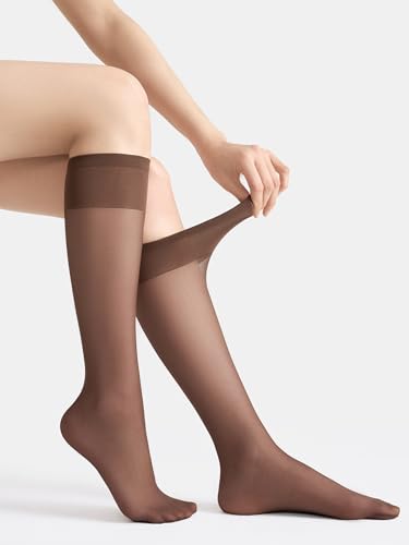 Image of leg elegant Sheer Knee High Stockings for Women, 6 Pairs Knee High Transparent Toes Nylons Pantyhose for Women