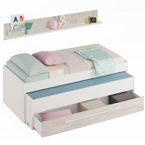 Miroytengo Pack Muebles Dormitorio Juvenil Completo en Color Blanco y Roble Claro Cama + Armario + Escritorio con Estantería. Incluye Somieres - imagen 4