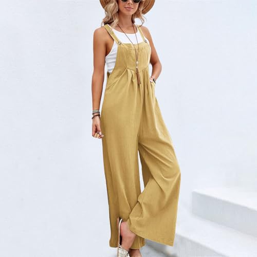 Image of Kubbon Womens Wide Leg Jumpsuits Sleeveless Straps Bib Overalls Summer Baggy Casual Pants Rompers Overalls with Pockets