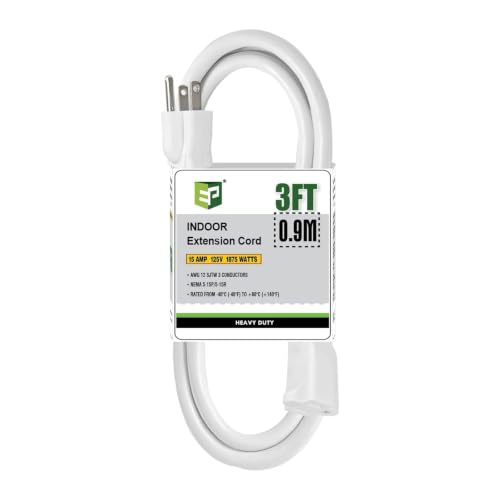 EP 3 Ft Heavy Duty Indoor Extension Cord, 12/3 SJTW 3-Prong White | 12 AWG 3-Wire Grounded Plug Indoor Lawn, Garden & Appliance Use