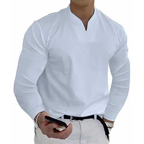 Mens Long Sleeves Cotton T-Shirts - Casual Loose Fit V Neck Outdoor Basic Lightweight Gym Fashion Thermal Winter Lounge Top T Shirt White 3XL Cover
