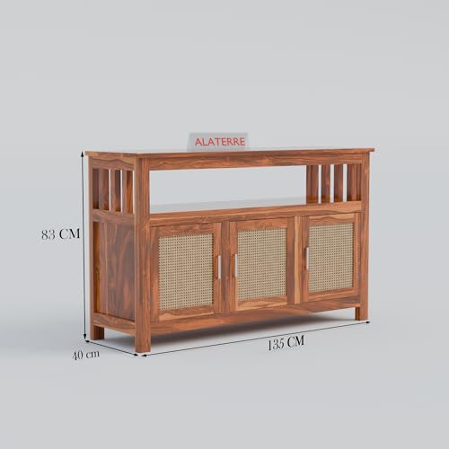 Image of ALATERRE Wooden Sideboard Cabinet with Cane Doors | 3 Door Storage Cabinet with Open Shelf | Solid Wood Buffet Table for Living Room, Dining Room & Entryway (Honey Finish)