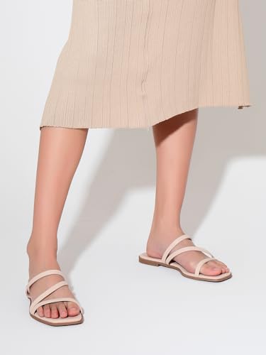 Image of LACUONE Strappy Flat Sandals For Women Slip On Square Open Toe Slides Sandals