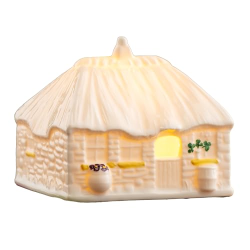 Belleek 2025 Edition Piece - Irish Thatched Cottage Led Luminaire - Handcrafted Porcelain Figurine Lamp - Shamrock Light Up Figurine - 4.7”L x 3.9”W x 4”H, White