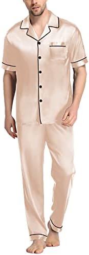 SWOMOG Mens Satin Pajama Set Short Sleeve Classic Sleepwear Button Down Silky Loungewear with Long Pants