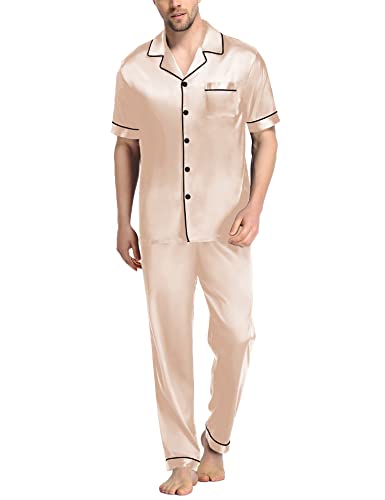 SWOMOG Mens Satin Pajama Set Short Sleeve Classic Sleepwear Button Down Silky Loungewear with Long Pants