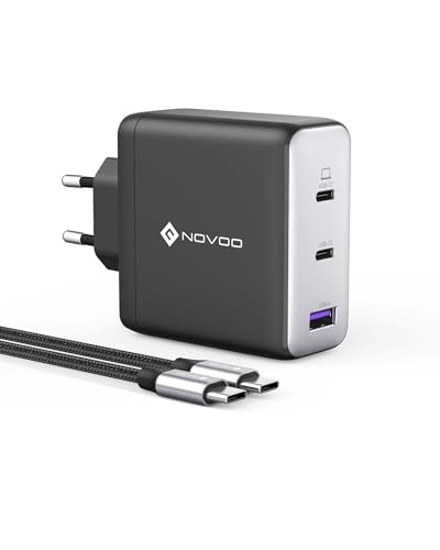 NOVOO Caricabatterie USB C da 120W con 1M cavi PD 100W Type-C, Caricatore compatto PPS GaN III a 3 porte, per MacBook Pro 14'', Dell XPS 13, iPad Pro, iPhone 16, Galaxy S23, Note 20, Apple Watch