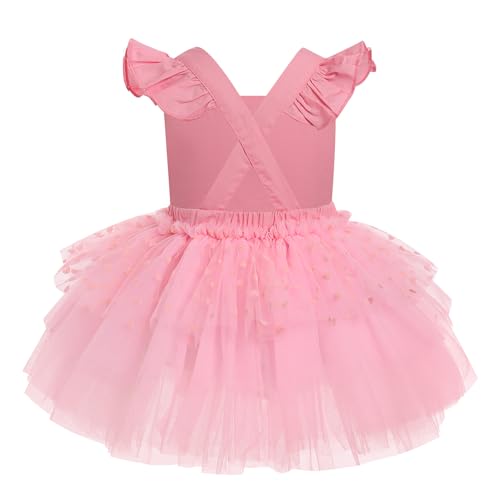 ODASDO Baby Girl First Birthday Cake Smash Outfit Flutter Sleeve Princess Tutu Tulle Romper Dress with Tiara Headband3