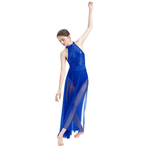 Foto von FYMNSI Frauen Damen Lyrisches Tanzkleid Modern Contemporary Tanzkleidung Neckholder Rückenfrei Maxikleid Pailletten Tüllkleid Ärmellos Lyrisch Tanz Trikot Bühnenanzug Kostüm Königsblau M
