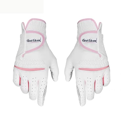 Scott Edward 1 Pair Leather Women's Golf Gloves Both Hand or 2 Pack Left Right Hand, Ladies Sports Gloves, Non-slip Wear-resistant Gloves, Breathable, Soft, Enhanced Grip And Comfort (Pink, 18-S)