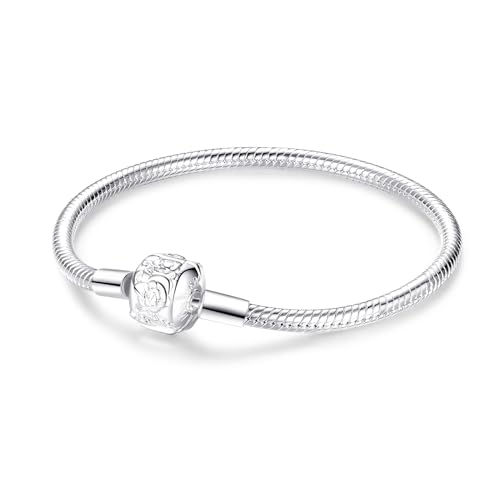 XWN Schlangenkettenuhrarmband, 925 Sterling-Silber-Rundverschluss-Charm-Silberarmband-Schmuck-Geschenk, geeignet für europäische Charms, ideal für Frauen und Mädchen.X96-124