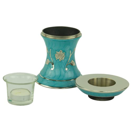 Grace Turquoise Tealight Cremation Urn for Ashes, Brass Memorial Candle Urn, Blue Green Urn, Extra Small Sized Cremation Urn, 5.5 Inches High