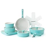 SENSARTE 17 Piece Ceramic Pots and Pans Set, Nonstick Detachable Handle Cookware, Induction Kitchen Cookware Set with Removable Handle, Dishwasher ＆ Oven Safe, PFAS/PTFE/PFOA Free (Turquoise)