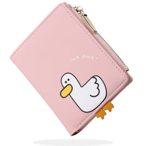 Image of Small Womens Wallet, Cute Bifold RFID Blocking Vegan Wallet for Teen Girls Ladies with Zipper Coin Pocket (Duck Pink)