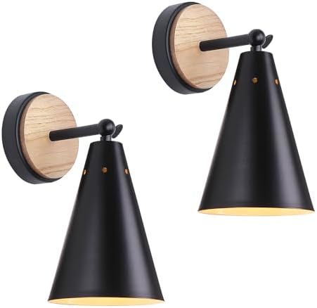 MWZ Rustic Farmhouse Black Metal and Wood Wall Sconce Adjustable Lamp,2 Pack,Rustic Wall Lighting Fixture for Bedroom, Living Room, Headboard, Garage, Porch