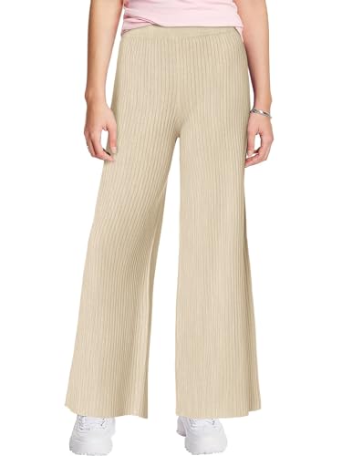 Image of Haloumoning Girls Solid Rib Knit Wide Leg Pants Elastic Waist Flowy Casual Sweater Pants 5-14 Years