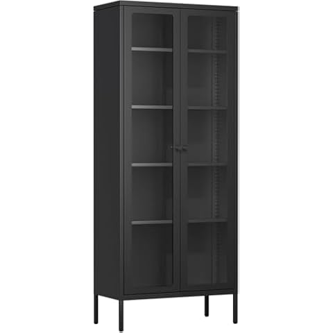 SUNCROWN Metal Storage Cabinet, Curio Display Cabinet with 2 Glass Display Door and 4 Shelves, Side Storage Organize, Modern Bookshelf Cabinet for livingroom, Bedroom, Kitchen,(Black) Cover