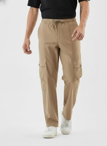 Image of Men's Cotton Cargo Pants | Straight Fit Casual Trousers for Men with Pockets | Lightweight & Breathable Pants with Elastic Waistband & Drawstring | Comfortable Lower for Mens
