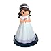 Figurine gâteau fille communion avec robe blanche, détails en lilas et rose entre les mains. Souvenir gâteau première communion fille