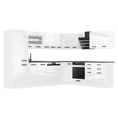 Belini Cuisine Équipée L-Forme - Cuisine Complète avec Plan de Travail Blanc Très Brillant