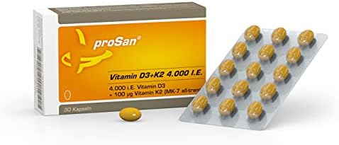 proSan Vitamin D3+K2 4.000 I.E. (Monatspackung: 30 Kapseln) | hochdosiert 4.000 I.E. Vitamin D3, 100% NATÜRLICHES Vitamin K2 All-Trans 100 µg, hohe Bioverfügbarkeit