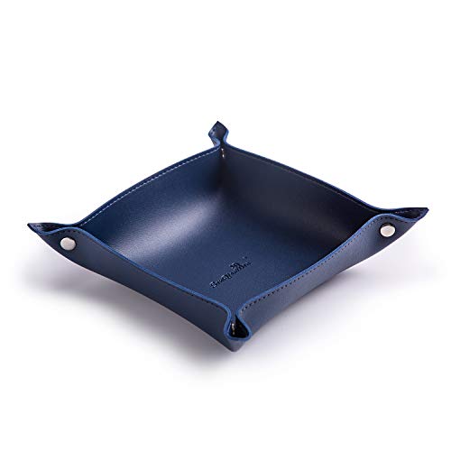 SANQIANWAN Leather Jewelry Valet Tray for Women and Man, Entryway Table Bedside Nightstand Desk Portable Small Catchall Travel Dish Plate for Key,Wallet,Watch,Phone,Coin(Blue-B)